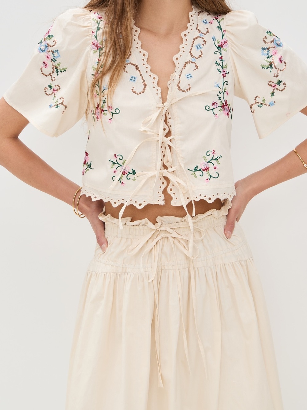 Moon River Ivory Eyelet Cross Stitch Midi Skirt & Top Two piece set womens small - Picture 4 of 7